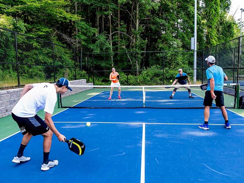 Pickleball paddle and ball on premium court